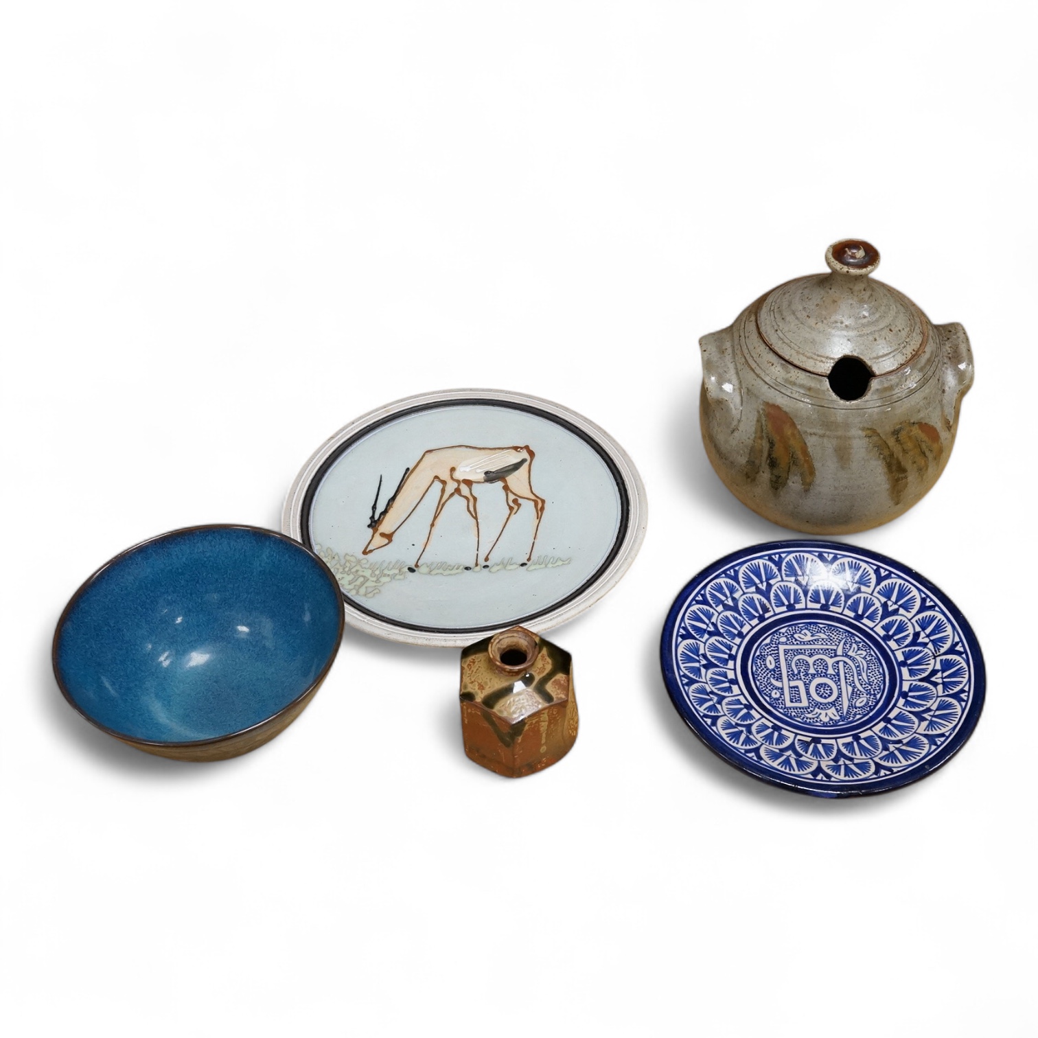 A group of five pieces of Studio pottery, some with impressed signatures to include a hexagonal jar and dishes, largest 25cm high